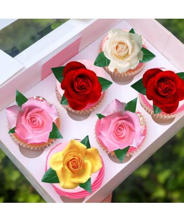 Pre-Cut Roses with Leaves A Edible Wafer Paper Flowers Cupcake Toppers Cake Decorations Birthday Party (12)