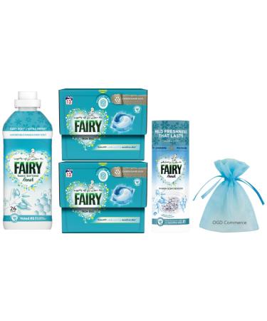 Fairy Laundry Washing Pack for Sensitive Skin: Fresh Fabric Conditioner 26w 858ml + In-wash Scent Booster Beads Almond Milk & Manuka Honey 176gr + Non Bio Pods Capsules 2Pk x 13Pods