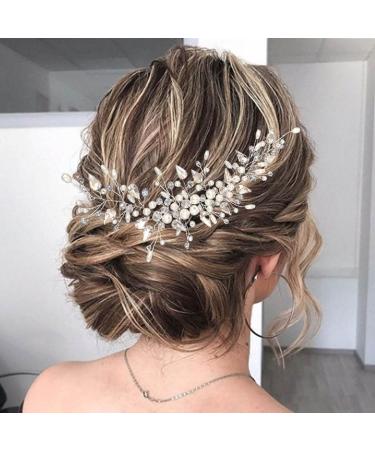 Latious Crystal Bride Wedding Hair Vine Silver Bridal Hair Piece Pearl Hair Accessories Leaf Hair Jewelry for Women and Girls (7.5 Inches)
