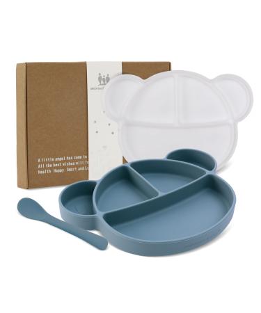 Silicone Baby Suction Plate Toddler Self Feeding Plates Children's Plate with Lid and Spoon Kid Divided Weaning Plate Dinnerware Set with Gift Box BPA Free & Dishwasher Safe (Blue) New Blue
