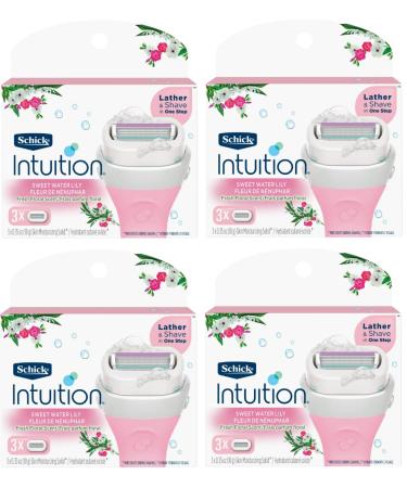 Schick Intuition - Lather & Shave In One Stop - Sweet WaterLily Fresh Floral Scent - Women's Razor Blade Refills - 3 Count Pack of 4 12 Cartridges