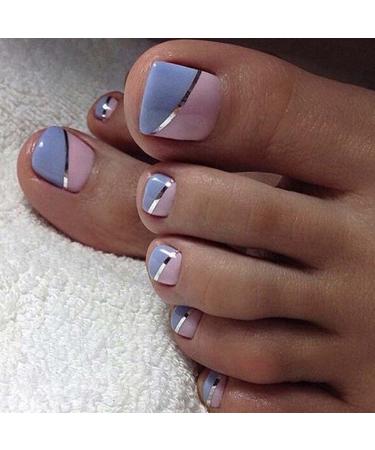 Outyua Short Press on Toenails Square False Toe Nail Glossy Cute Acrylic Fake Toe Nails Full Cover Artificial Feet Fake Nail for Toes Women and Girls 24pc (Blue&Pink)