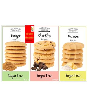 Farmhouse Sugar Free Biscuits For Diabetics Multipack Selection Vareity Box with zamfoods nutrition pack I Pack of 3 I - Viennese Shorties Ginger & Choc Chip Cookies Bundle 1