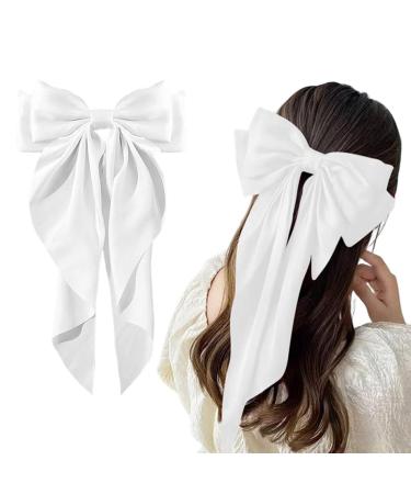 White Hair Bow Hair Bow French Soft Ribbonsatin Satin Hair Bow Simple Large Hair Bow with Long Silky Satin Tail Large Bows 90's Accessories for Party Women Girls