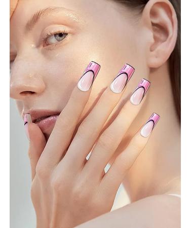 24 Piece Pink Comic Long Press on Nails for Women - French Acrylic False Nails with Cartoon Design - Includes Adhesive Tabs for Easy Manicure Decoration - Buy Online on SooperMarket.com