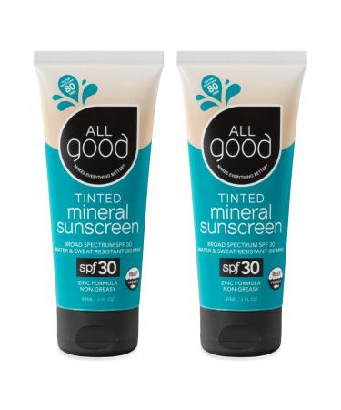 All Good Tinted Mineral Sport Sunscreen Lotion for Face & Body - UVA/UVB Broad Spectrum SPF 30 Coral Reef Friendly Water Resistant Coconut Oil Jojoba Oil Shea Butter Aloe (3 oz)(2-Pack) Lotion (2-Pack)