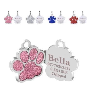Personalised Cat Tags | Dog Tags for Pets Engraved UK | Pet ID Tags for Dogs & Cats | Glitter Paw Print Stainless Steel Cat Name Tag | Doggy Cat Kitten Kitty Puppy Tag | 4 Colours 25mm (Pink)