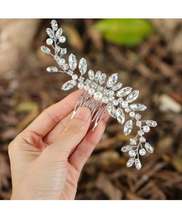 Brishow Crystal Bride Wedding Hair Comb Silver Pearl Hair Pieces Rhinestone Bridal Hair Accessories for Women and Girls (Silver)