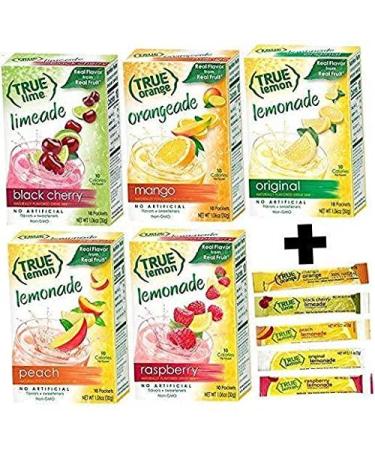 True Lemon Assorted Beverage Pack: (5boxes 10ct each) with 5 FREE BONUS Sticks of Lemonade! True Lemon Original Lemonade True Peach Lemonade True Black Cherry Limeade True Mango Orange and True Raspberry Lemonade. Assorted True Lemonade Drink Mixes. 55 Co