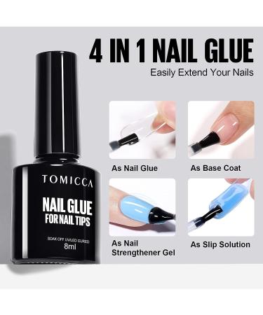TOMICCA 4-in-1 Super Gel Nail Glue for Acrylic Nails - Nail Extension Gel with Base Coat, Flat Rhinestone and Foil Glue - 8ml - Buy Online on SooperMarket.com