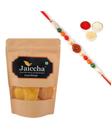 Jaiccha Ghasitaram Rakhi Gifts for Brothers Rakhi Dryfruits - Dried Mango 200 GMS in Brown Paper Pouch with Rudraksh Rakhi