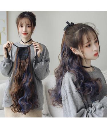Saijer Ponytail Extensions - 2 PCs Corrugated Long Hair Extensions | Realistic Wrap-Around Wig for Girls - Brown Purple Blue - Buy Online on SooperMarket.com