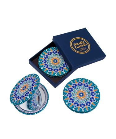Totally Turkish Metal Compact Mirror Small Folding Round Mirror With Magnetic Close 1x & 2x Magnification For Handbags Make-Up Travel & Commutes Bright & Funky Geometric Pattern (Dantela)