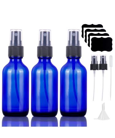 60ml blue spray bottle glass empty small refillable reusable travel fine fog spray bottles for hair cleaning aromatherapy and essential oil with additional fog spray (3 pieces) 3 x 60ml blue