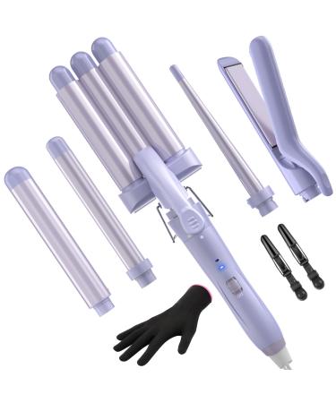 5 in 1 Wand Curling Iron-Curling Wand Set with Hair Straightener 3 Barrels Hair Crimper Iron 3 Ceramic Curling Irons (0.35 "-1.25") 2 Temps Fast Heat Hair Curler Waver with Glove & Clip-Purple Purple Curling Iron Set(0.35"-1.25")