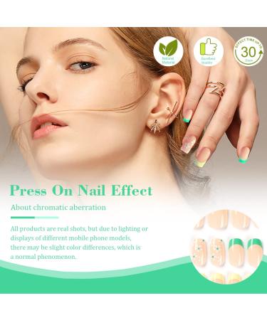 French Tip Press On Nails Short with White Flower Design | Yellow Green French False Nails | Spring Acrylic Stick On Nails for Women - Buy Online on SooperMarket.com