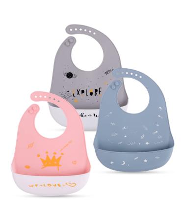 Vicloon Silicone Baby Bib Baby Weaning Bibs Waterproof Baby Feeding Bibs Adjustable with Wide Food Catcher Pocket Unisex Toddler Bib pink-blue-grey
