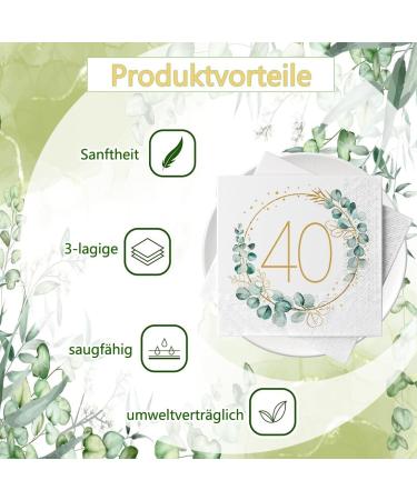 40th Birthday Decoration Napkins - 40 Eucalyptus & Gold Green Paper Napkins for Men & Women | Perfect for 40th Birthday Party Decor - Buy Online on SooperMarket.com