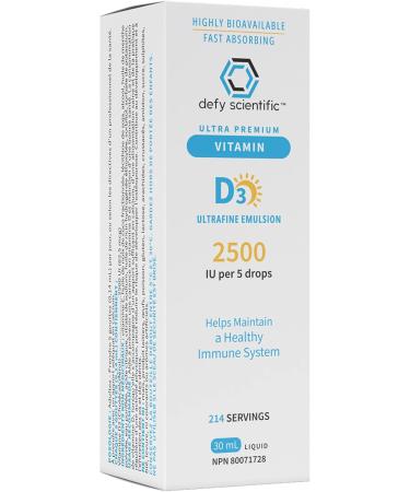 Defy Scientific Ultrafine Emulsion Vitamin D3 2500 IU Liquid (30 mL) Ultra Premium - For Maintenance of Healthy Immune System Bones and Teeth - Gluten and Dairy Free - Buy Online on SooperMarket.com