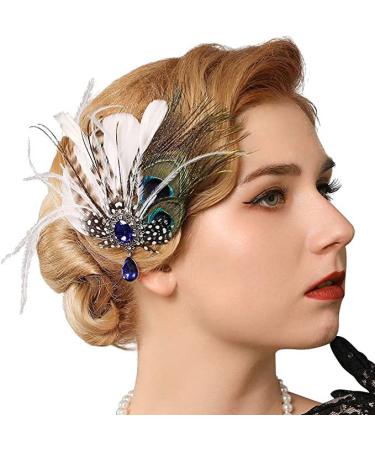 GENBREE 1920s Feather Headpiece Gatsby Flapper Headpieces Peacock Feather Hair Clip Feather Headband Rhinestone Cocktail Head Accessories for Women