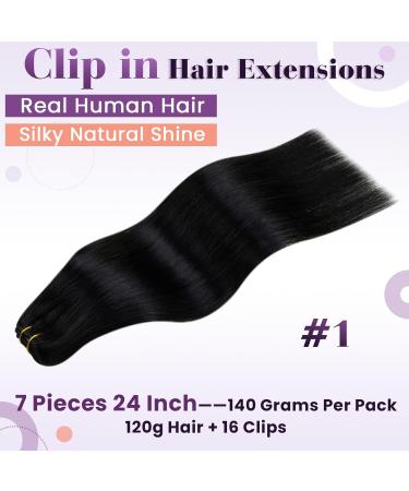 Laavoo Black Clip-In Extensions | 60cm Real Hair | Remy 120g | Natural Smooth 7PCs | Best Clip-In Hair Extensions - Buy Online on SooperMarket.com