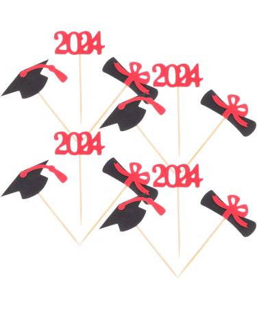 HOLIDYOYO 12pcs 2024 Graduation Season Cake Insert Graduation Cake Toppers Graduation Party Decorations Top Hat Party Supplies Grad Party Cupcake Topper Paper Cup Dessert Props Red