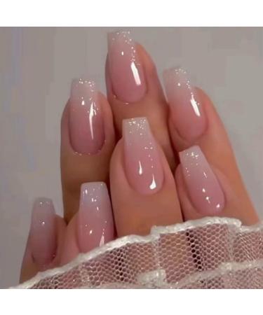 Hkanlre Bling Coffin Press on Nails Fake Nails Tips Full Cover Medium False Gradient Nails for Women and Girls 24PCS (Coffin pink)