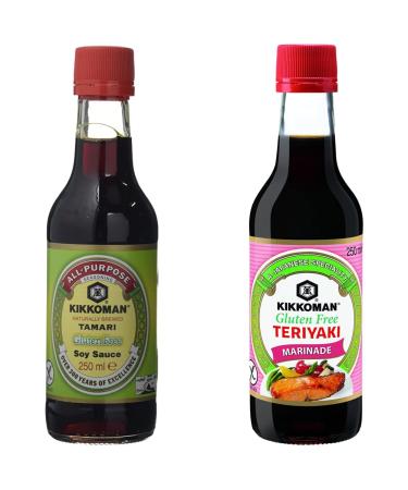 Kikkoman Tamari Gluten Free Soy Sauce 250 ml (Pack of 6) & Gluten Free Teriyaki Marinade 250 ml Pack of 6