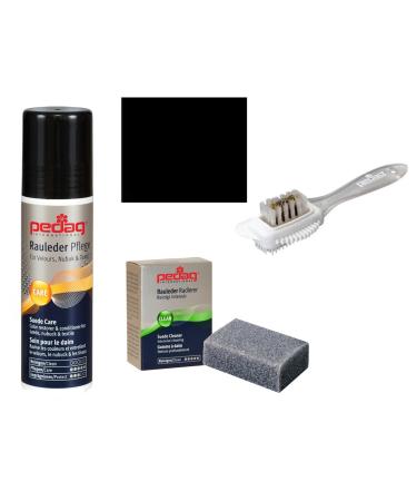 pedag Suede Cleaner and Textile Color Restorer, 3 pc Cleaning and Care Kit for Shoes and Boots, Made in Germany, Black