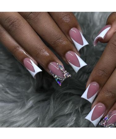 French Tip Press on Nails Medium Square Fake Nails with Duckbill Design Glossy Pink White Nail Tips Rhinestones Reusable Full Cover False Nails Glue on Nails Cute Duck Feet Artificial Stick on Nails French 5