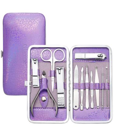 Glamne Manicure Pedicure Set Tools Professional Stainless Steel Nail Care Kits with Holographic Travel Case(Purple)