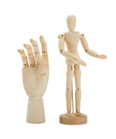 7" Wooden Hand Model and 8" Posable Wooden Mannequin Figure for Drawing, Adjustable Art Supplies (2-Piece)