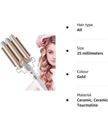3 Barrel Hair Curler 25mm - Adjustable Temperature Hair Waver Curling Iron for Long or Short Hair Styling - Large Wave Ceramic Crimpers - Gold - Buy Online on SooperMarket.com