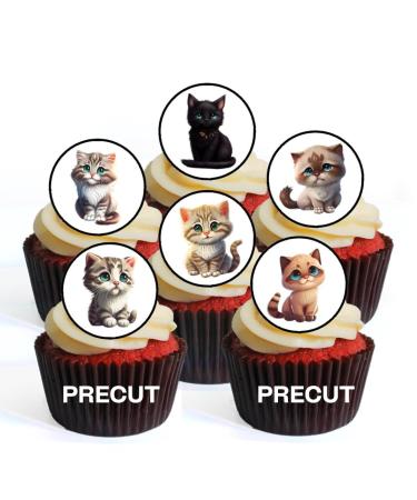 PRECUT Cute Cats Edible Cupcake Toppers - Cat Lover Theme Premium Thickness SWEETENED VANILLA - wafer card disc cake decorations (Pack of 24)