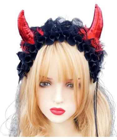 JSGHGDF Creative Spooky Devil Horn Shape Hairband Women Pleated Lace Makeup Skincare Headband for Halloween Photography Hairband Black - Buy Online on SooperMarket.com