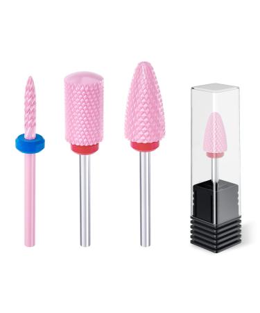 Professional Ceramic Nail Drill Bits Set 3Pcs Universal 3/32'' Acrylic Nail File Bits for Manicure Pedicure Cuticle Gel Nail Polishing - Nail Drill Bit Set(Pink)