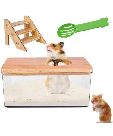 Homury Transparent Sand Bathroom For Hamster Hamster Hamster Sandbadbox with ladder & natural wood cover & shovel sand bath container for hamsters pet hamster bathroom for hamsters (square)
