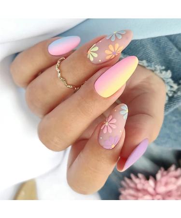 Matte Pink Daisy Flower Fake Nails Set with Glue - 24 Medium Almond Shape Purple Designs for Women and Girls - Buy Online on SooperMarket.com
