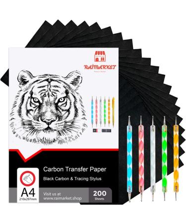 Raimarket 200 Sheets Black Carbon Paper for Tracing On Fabric | Carbon Paper for Tracing on Wood & Canvas, Tracing Paper for Drawing Sewing Patterns, 5 Stylus, A4 Size (9 X 13) Graphite Transfer Paper Black_200