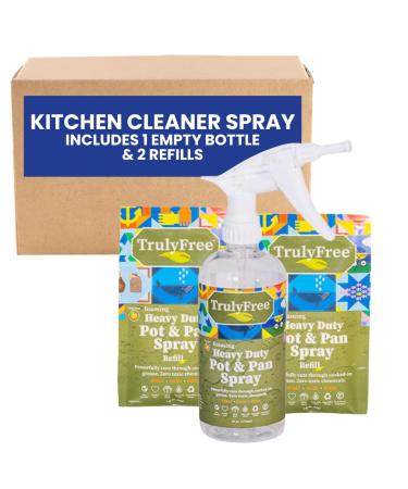 Truly Free Heavy Duty Pot & Pan Spray - Powerful Foaming Grease Remover Multi-Purpose Kitchen Cleaner Spray Degreaser for Oven Stoves Grill & More Citrus Scent - Includes 1 Empty Bottle & 2 Refill