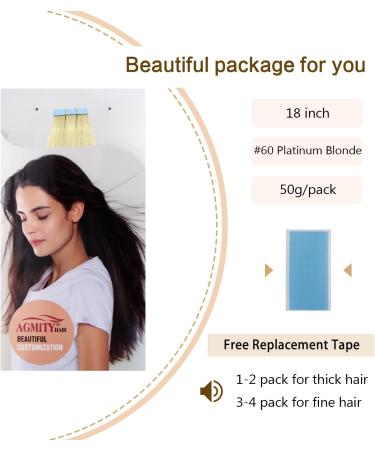 AGMITY Tape in Hair Extensions Platinum Blonde 18 20pcs 50g Straight Skin Weft Remy Hair Tape Extensions - #60 Platinum Blonde - Buy Online on SooperMarket.com