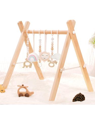 Wooden Baby Gym with 6 Wooden Baby Toys Foldable Baby Play Gym Frame Activity Gym Hanging Bar Newborn Gift Baby Girl and Boy Gym (Natural Color)