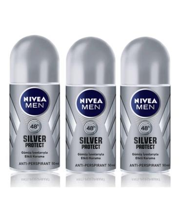 NIVEA SILVER PROTECT ROLL-ON FREE ALCOHOL ANTIPERSPIRANT DEODORANT 48 HOURS PROTECTION REFRESHING CONTENT ALL DAY FINE FRAGNANCE 1.7 OZ (Pack of 3) Silver Protect 3