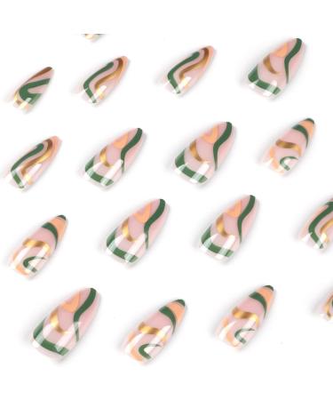 Justotry 24 Pcs Wavy Almond Short False Nails - Gold and Teal French Press On Nails | Trendy Fake Nails with Nail Glue | Nude Oval Medium Stick On Nails for Women - Buy Online on SooperMarket.com