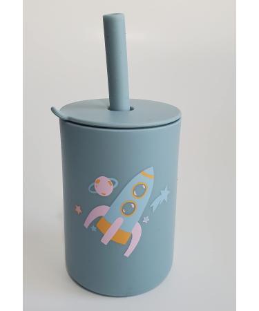 Toddler Cup  Silicone Training Cup Sippy Cup with Straw  Non-Slip  NO BPA  Unbreakable  Trainer Cup for Babies Toddlers and Infants (Dusty blue w/ rocket)