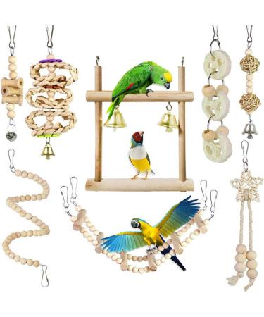 CAMITER 8 Packs Bird Toys Parrots Cage Toys Natural Wood Hanging Swing Shredding Chewing Perches Parrot Toy Parrot Bite Toy for Budgie Parakeet Cockatiel Macaw