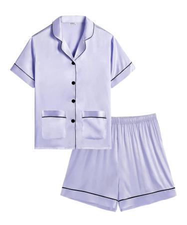 SWOMOG Kids Satin Pyjamas Sets Girls Boys Button-Down Pjs Short Sleeve Silk Nightwear 2 Piece Lounge Sets 6-7 Years Lavender