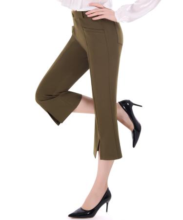 PUWEER Capri Pants for Women Dressy Business Casual Stretchy Flare Women's Dress Pants with Pockets Summer Crop Work Capri Brown Small