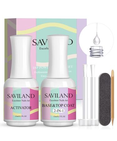 SAVILAND Dipping Powder Liquid Set - 2 in 1 Dip Powder Base & Top Coat with Activator 15ml/0.5oz Dip Nail Liquid Set for Dipping Powder Nail Kit, Fast Dry, No Nail Lamp Needed 2 in 1 Dip Base & Top Coat + Activator