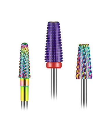 2022 UpgradedDepvko 3Pcs Nail Drill Bits Set, 5 in 1 Drill Bits for Nails 3/32 Inches, Tapered Barrel and Cone Shape Carbide Nail Drill Bits for Acrylic or Gel Remover Rainbow
